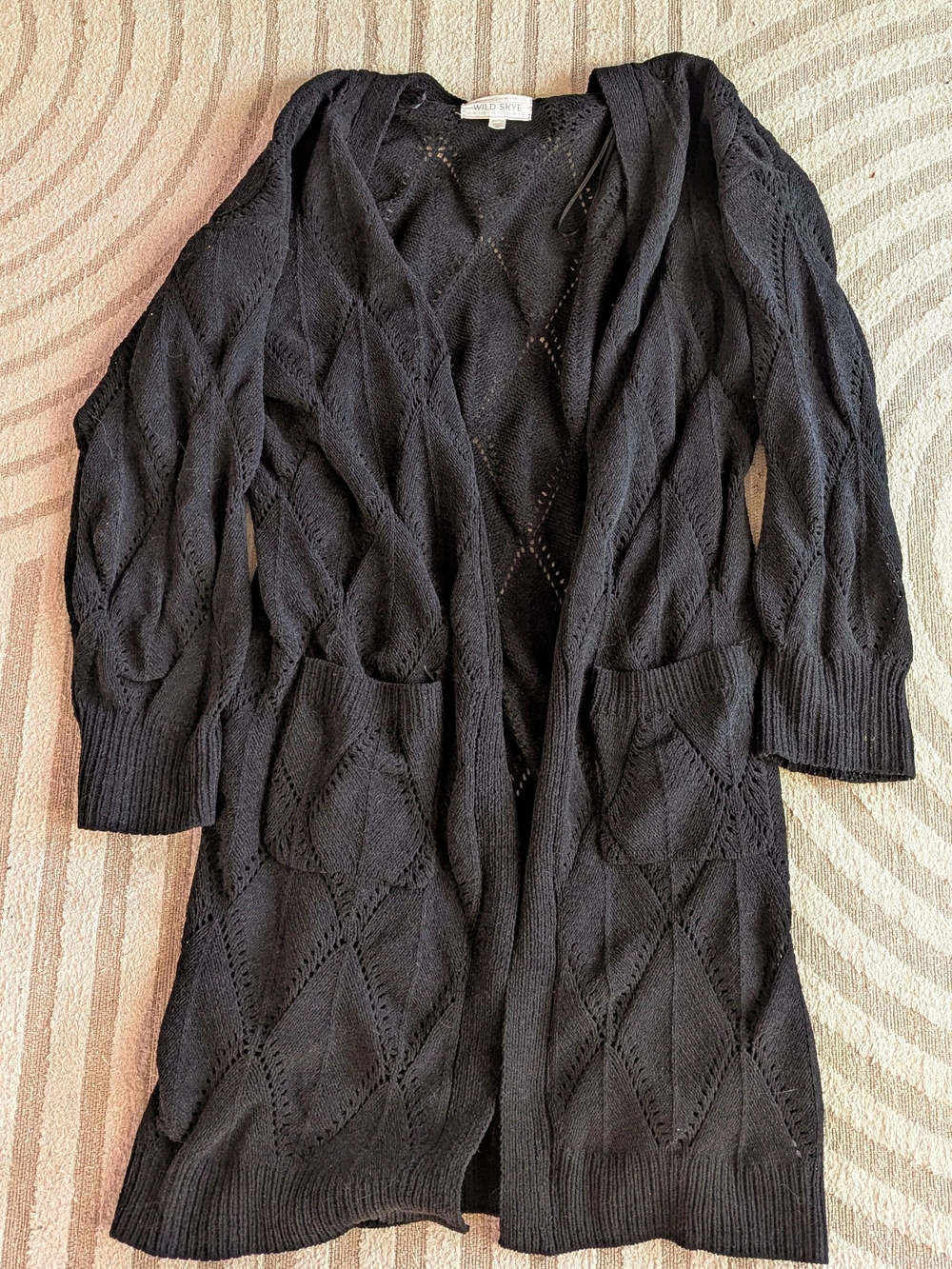 Wild Skye Black Longline Open‑Knit Cardigan – Women’s XL